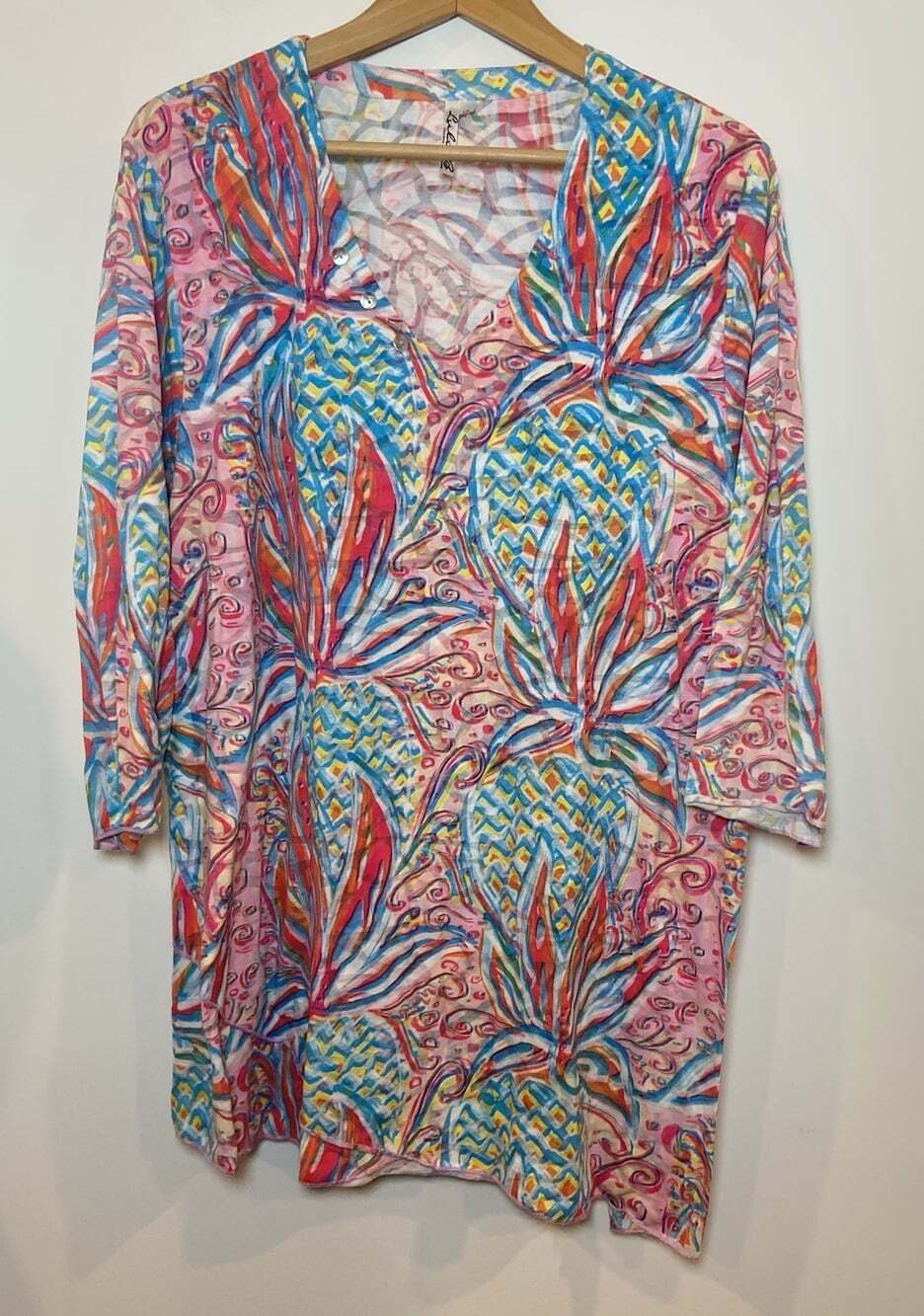 Lulu B Shirt 3/4 Sleeve Pink Blue Multi Pineapple Size 1X